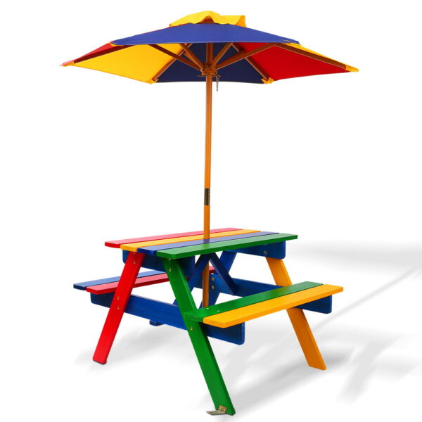 Aplusliving-Kids Wooden Picnic Table Set with Umbrella Outdoor Indoor Multicoloured Ages 3-8