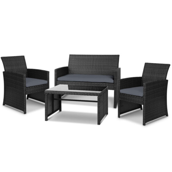 Aplusliving-4pc Rattan Wicker Outdoor Lounge Set Patio Furniture Black Cushioned Table