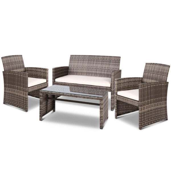 Aplusliving-4PC Outdoor Rattan Wicker Lounge Set Patio Furniture Sofa Table Grey Beige