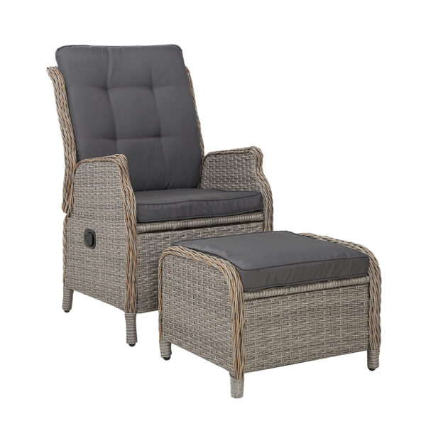 Aplusliving-Outdoor Wicker Recliner Chair with Ottoman Sun Lounge Patio Furniture Set Grey