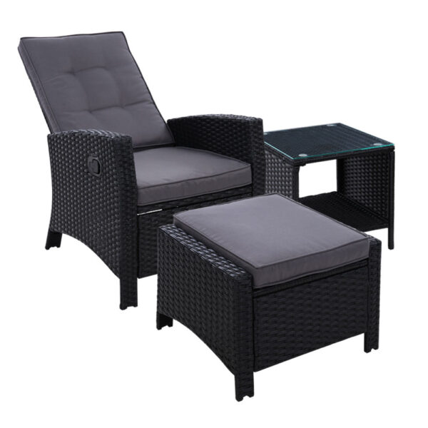 Aplusliving-Wicker Recliner Chair Ottoman Table Set Outdoor Patio Furniture Adjustable Black