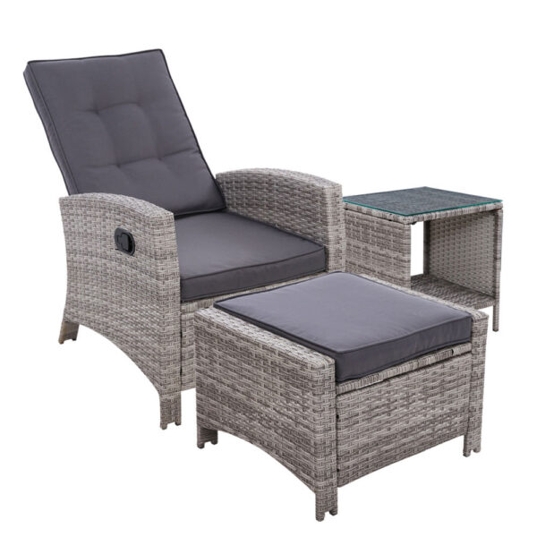 Aplusliving-Wicker Recliner Chair Ottoman Table Set Outdoor Patio Furniture Adjustable Grey