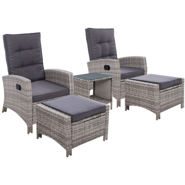 Aplusliving-5pc Wicker Recliner Set Outdoor Patio Furniture Lounge Table Grey Adjustable