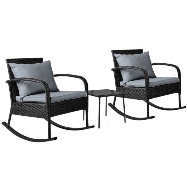 Aplusliving-3 Piece Rattan Outdoor Rocking Chair Set with Side Table and Cushions Black