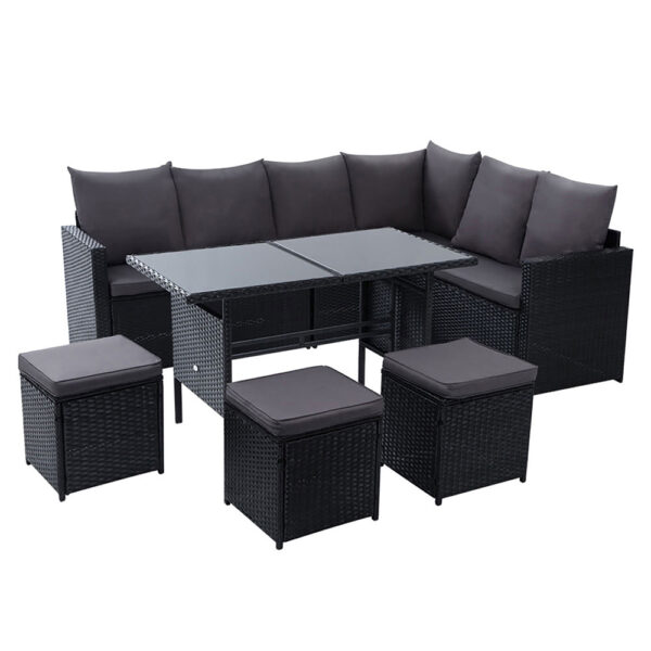 Aplusliving-9 Seater Wicker Outdoor Sofa Dining Set UV Resistant with Glass Table Black