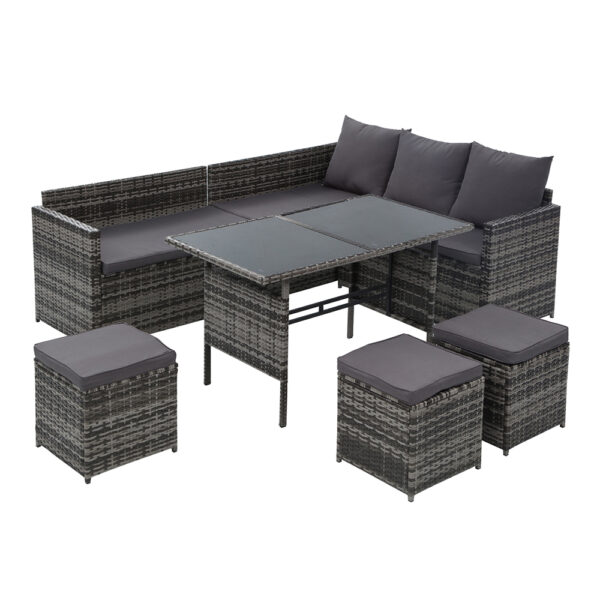 Aplusliving-9 Seater Wicker Outdoor Sofa Dining Set UV Resistant with Glass Table Grey