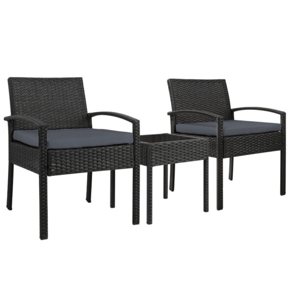 Aplusliving-3pc Outdoor Patio Set Wicker Chairs Table Cushions UV Resistant Black Grey