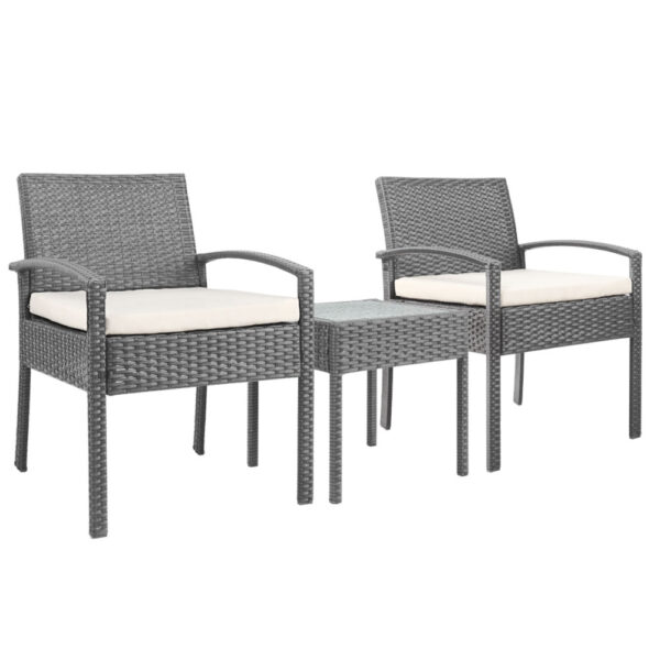 Aplusliving-3pc Outdoor Patio Set UV Resistant Wicker Chairs & Glass Table Grey Cushions