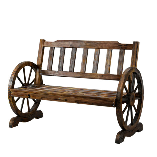 Aplusliving-Rustic 2 Seater Wooden Garden Bench Wagon Wheel Armrests UV Resistant 220kg