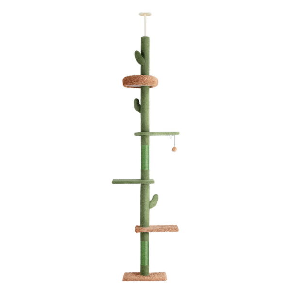 Aplusliving-Cat Tree Tower Scratching Post Floor to Ceiling 290cm 5 Levels Green Light Brown