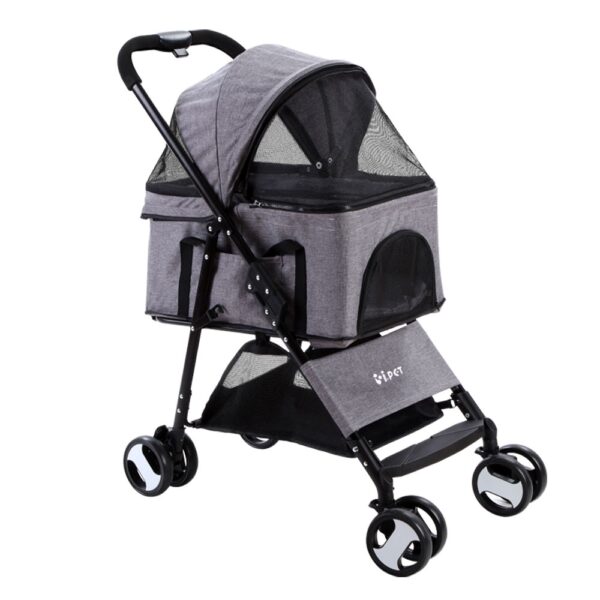 Aplusliving-Foldable 4 Wheel Pet Stroller Large Dog Cat Carrier Travel Pushchair Grey