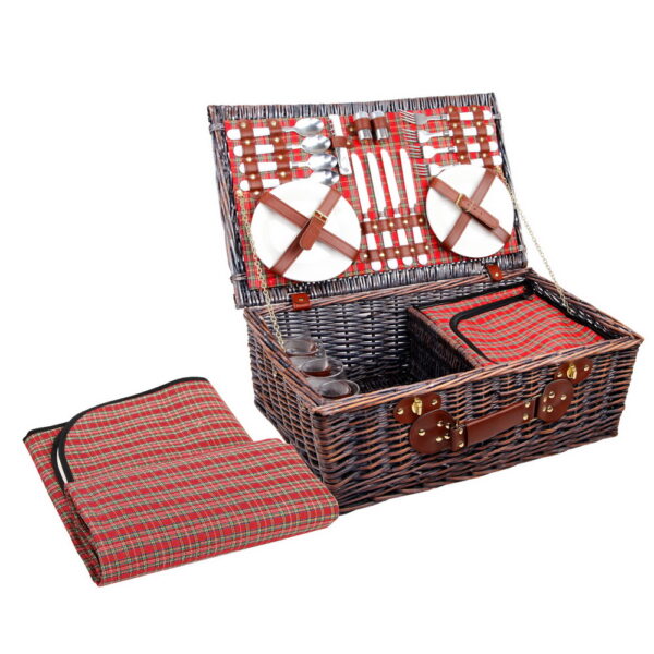 Aplusliving-4 Person Wicker Picnic Basket Set with Insulated Cooler Bag and Blanket Red