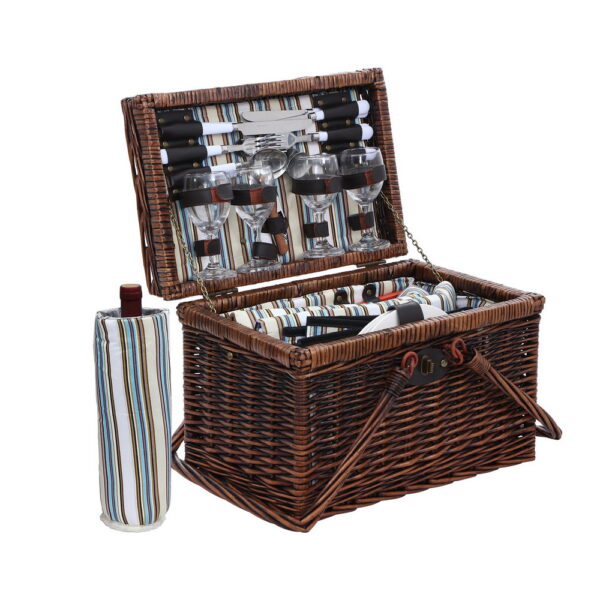 Aplusliving-4 Person Wicker Picnic Basket Set Insulated Bag Cutlery Plates Wine Glasses