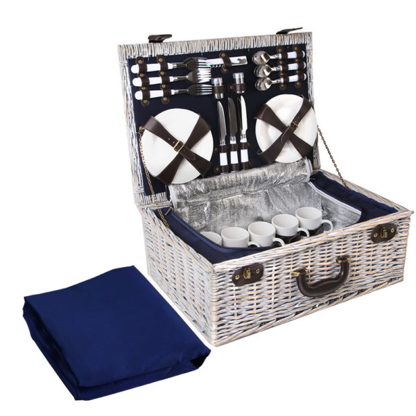 Aplusliving-6 Person Wicker Picnic Basket Set Insulated Cooler Bag Blanket Navy Cutlery