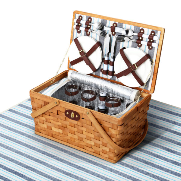 Aplusliving-4 Person Picnic Basket Set Insulated Cooler Bag Blanket Cutlery Plates Cups