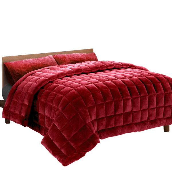 Aplusliving-Luxury Queen Faux Mink Quilt Winter Weight Warm Burgundy with Pillowcases