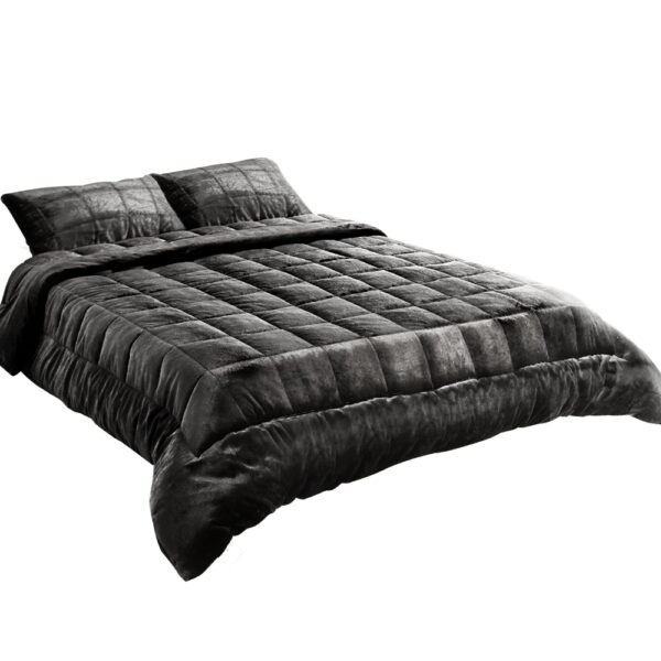 Aplusliving-Super King Charcoal Faux Mink Quilt Winter Weight Warm Luxury Set + Pillowcases