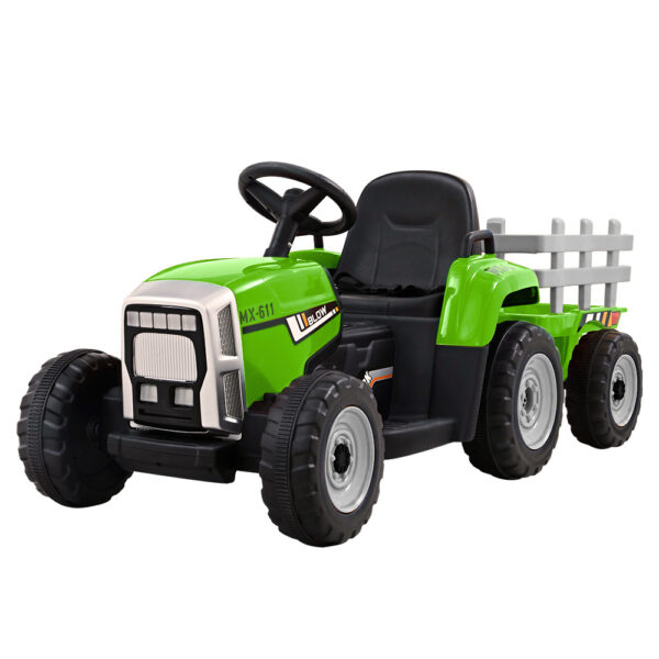 Aplusliving-Kids 12V Electric Ride On Tractor with Trailer Green Toy Car LED USB Music