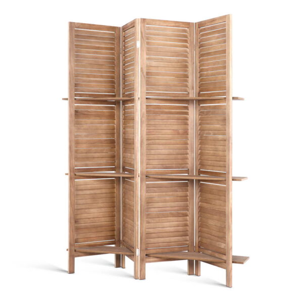 Aplusliving-4 Panel Wooden Room Divider Privacy Screen with Shelves 163x170cm Oak Brown