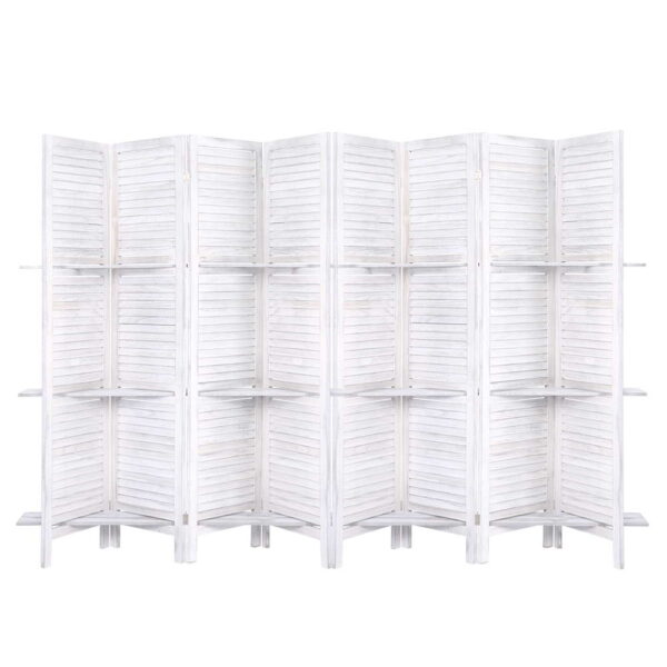 Aplusliving-8 Panel Wooden Room Divider Privacy Screen Foldable White 326x170cm with Shelf