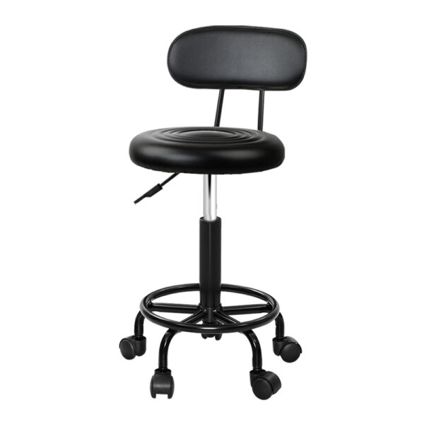 Aplusliving-Adjustable Black PU Leather Salon Stool 360 Swivel with Backrest and Wheels