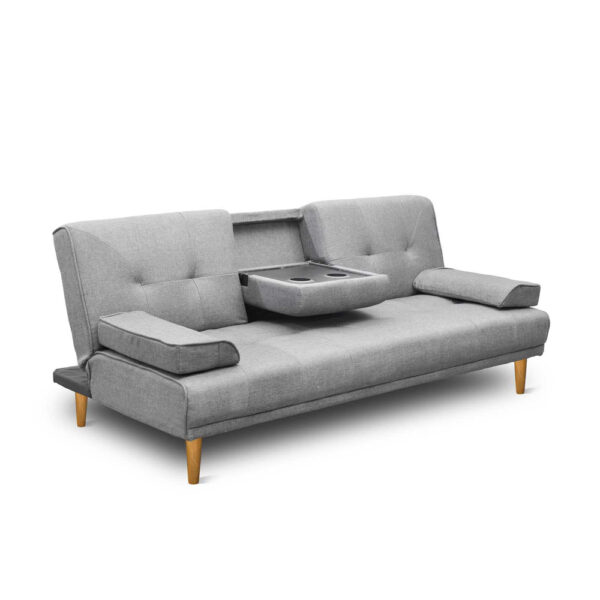 Aplusliving-Sofa Bed 188CM Grey Faux Linen 3-Seater Adjustable Backrest Cup Holders Pillows