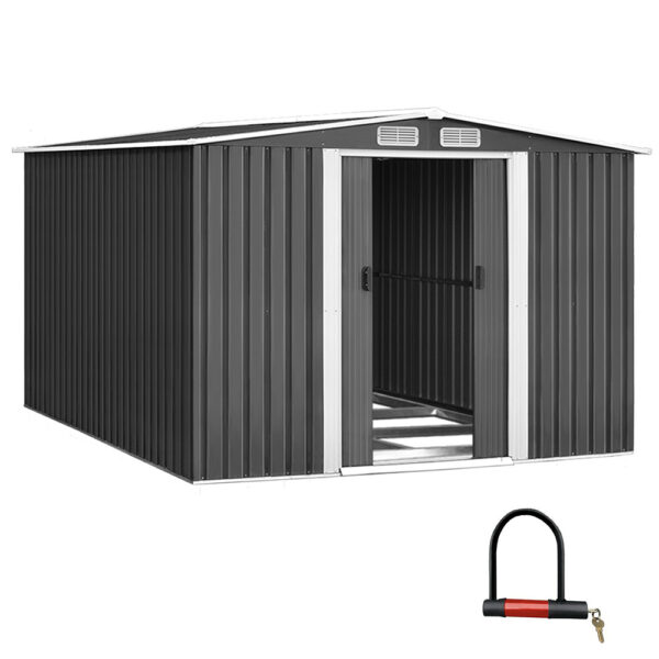 Aplusliving-Garden Shed 2.58x3.14M Outdoor Storage Workshop with Sliding Door & Metal Base