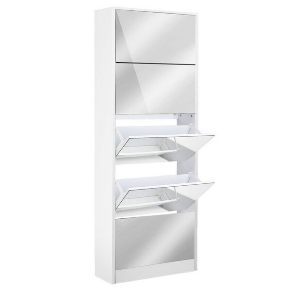 Aplusliving-5 Drawer Shoe Cabinet Storage Mirror Wooden White 25 Pairs Wall Mountable