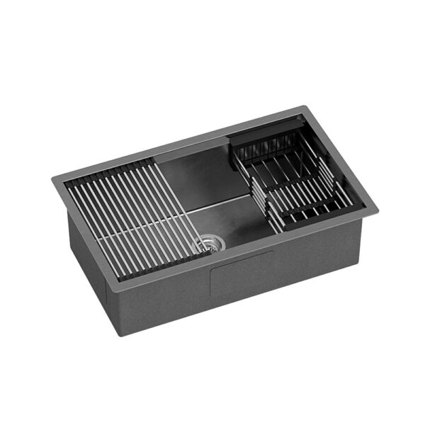 Aplusliving-304 Stainless Steel Kitchen Sink 70x45cm Single Bowl with Drying Rack Black