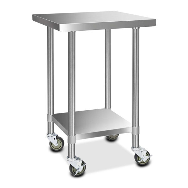 Aplusliving-Stainless Steel Kitchen Bench on Wheels 610mm Adjustable Shelf Lockable Castors