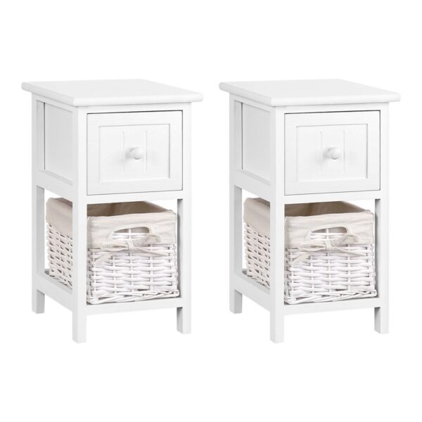 Aplusliving-Rustic White Bedside Table with Drawer and Wicker Basket Storage Set of 2