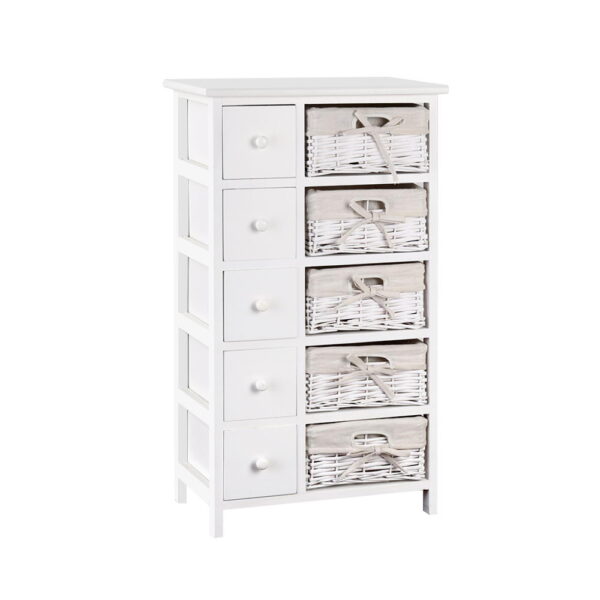 Aplusliving-Rustic White 5 Drawer Cabinet with Removable Wicker Baskets Storage Organizer