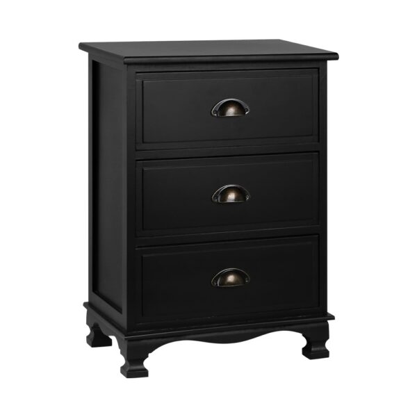 Aplusliving-Vintage Black 3 Drawer Bedside Table Storage Cabinet Paulownia Wood