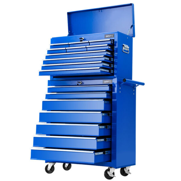 Aplusliving-17 Drawer Steel Tool Chest Trolley Cabinet Lockable Castor Wheels Blue