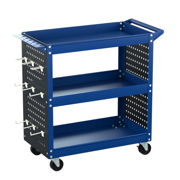 Aplusliving-3 Tier Tool Cart Trolley Workshop Storage with Wheels Pegboard Blue 150kg