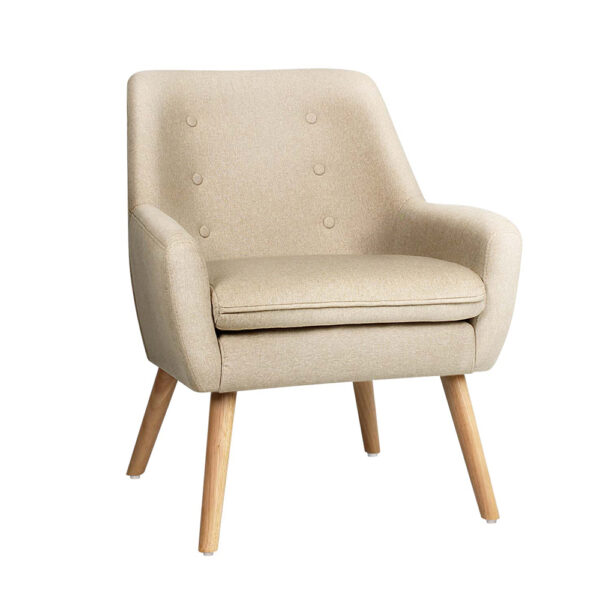 Aplusliving-Beige Linen Fabric Armchair Tufted Button Design Foam Padded Wooden Legs