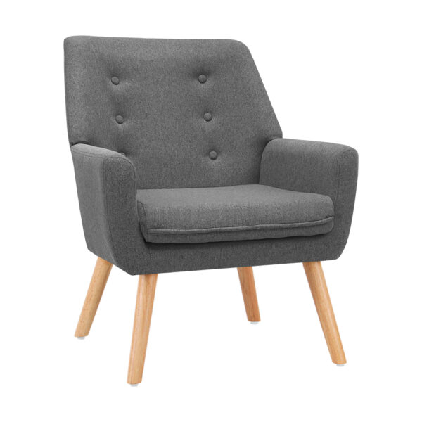 Aplusliving-Grey Linen Fabric Armchair Tufted Button Design Foam Padded Wooden Legs