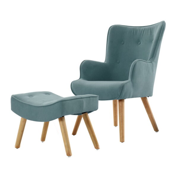 Aplusliving-Scandinavian  Armchair and Ottoman Set Blue Linen Fabric Comfort Chair