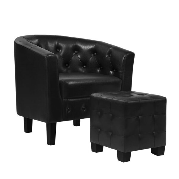 Aplusliving-Black Chesterfield Armchair and Ottoman Set PU Leather High Resilience Foam