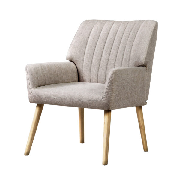 Aplusliving-Beige Fabric Armchair High Resilience Foam Padded Seat Rubber Wood Legs