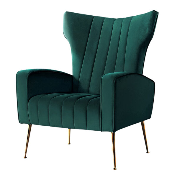 Aplusliving-Velvet Accent Armchair High Back Extra Padding Green with Golden Legs