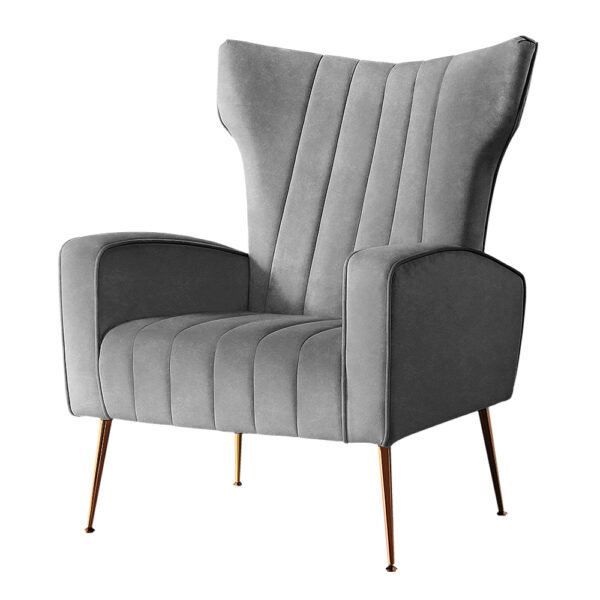 Aplusliving-Velvet Accent Chair High Back Extra Padding Sturdy Wood Golden Legs Grey