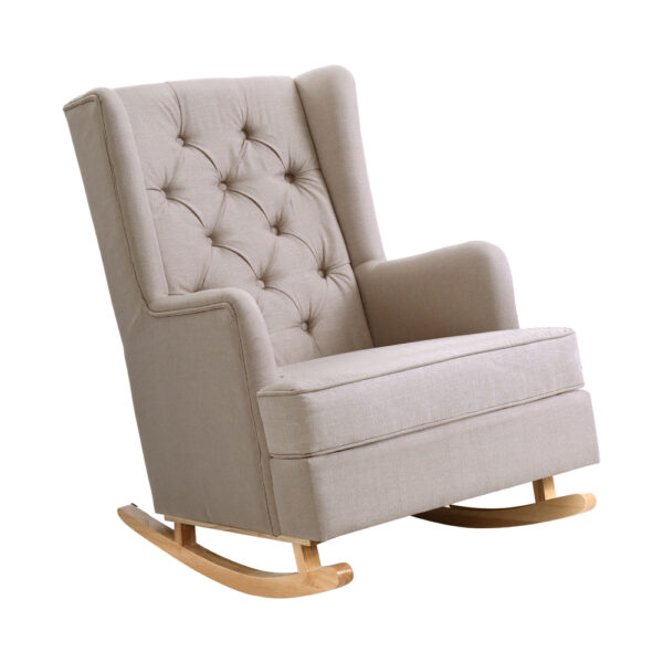 Aplusliving-Convertible Rocking Armchair Linen Fabric Tufted Wingback Nursery Beige Chair