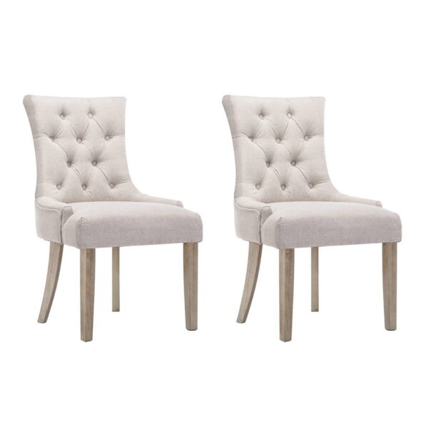 Aplusliving-Set of 2 Beige Fabric Dining Chairs French Provincial Wooden Retro Cafe