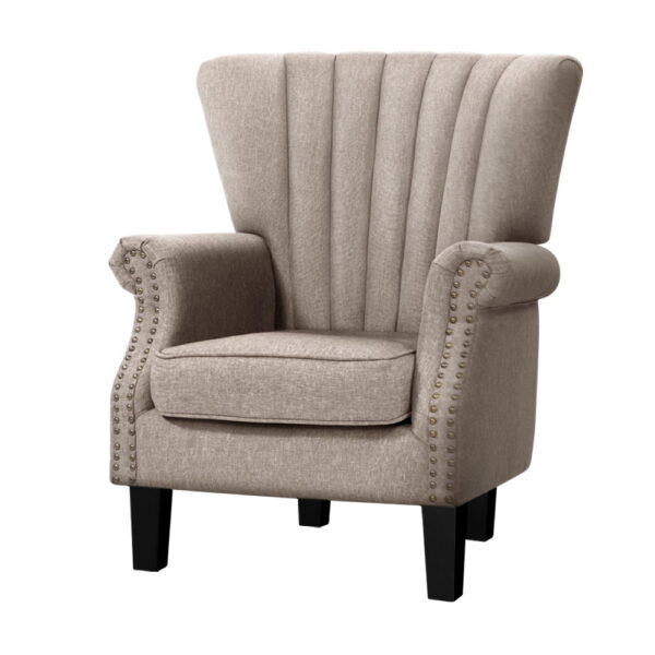 Aplusliving-Wingback Beige Linen Fabric Armchair Button Studded Foam Padded Wooden Legs