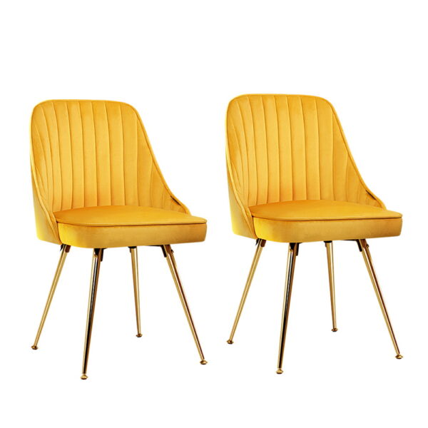 Aplusliving-Velvet Yellow Dining Chairs High Resilience Foam Metal Legs Set of 2 Vintage