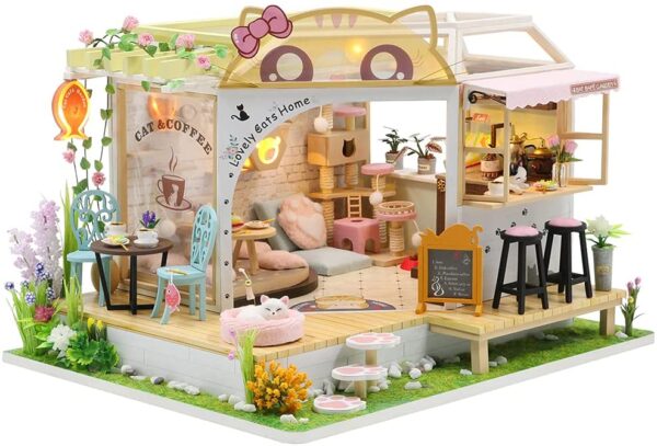 Aplusliving-Dollhouse Miniature Furniture Kit Dust Proof Music Movement Cat Coffee Valentine