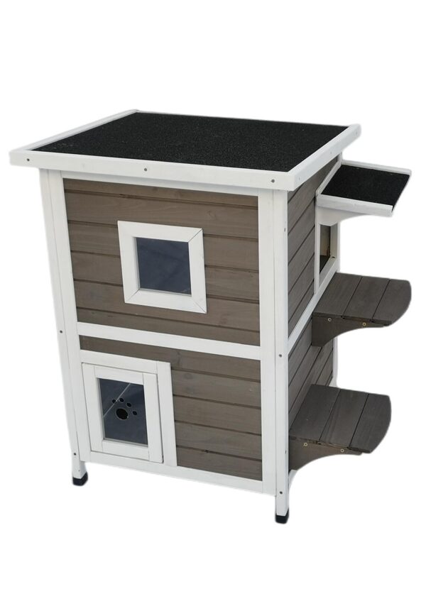 Aplusliving-2 Story Cat Shelter Condo Escape Door Rainproof Kitty House 74x58x81cm Wood