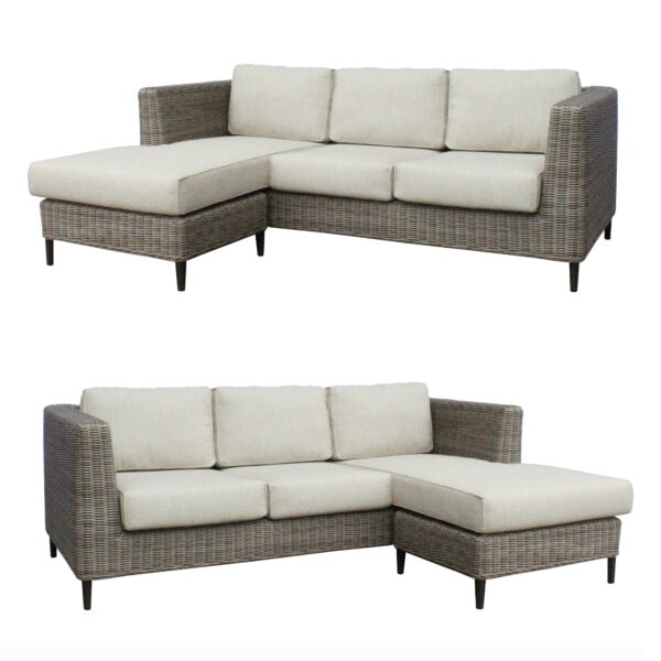 Aplusliving-3 Seater Outdoor Sofa Rattan Reversible Chaise Lounge Light Grey Weatherproof