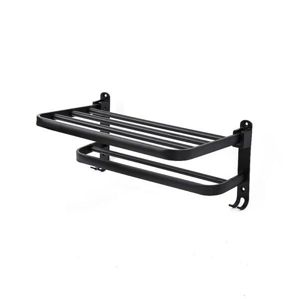 Aplusliving-Towel Rack Folding Holder with Hook Wall Hanger Aluminium Bar Shelf Matte Black